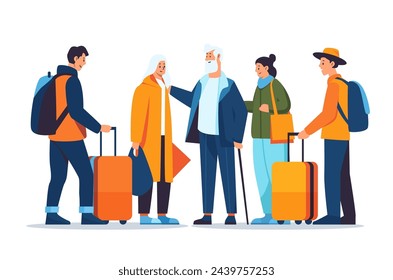 passengers with luggage standing together in line queue travel vacation concept horizontal