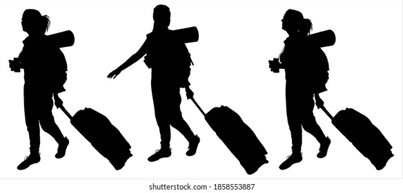 Passengers with luggage. Tourists with gear. Girls with luggage on wheels follow each other. Women with binoculars, travel mat, bag. Black female silhouettes are isolated against a white background.