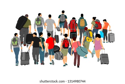Passengers with luggage walking at airport vector. Travelers with bags go home. Tourist man and woman carry baggage. People crowd with cargo load waiting taxi for holiday. Refugees on border migration