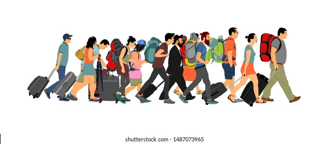 Passengers with luggage walking at airport vector. Travelers with bags go home. Tourist man and woman carry baggage. People crowd with cargo load waiting taxi for holiday. Refugees on border migration