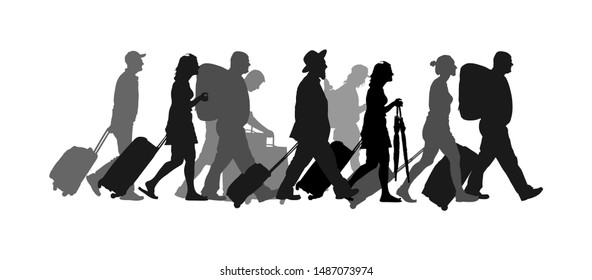 Passengers with luggage walking at airport vector silhouette. Travelers with bags go home. Man and woman carry baggage. People crowd with heavy cargo load waiting taxi after holiday
Refugees on border