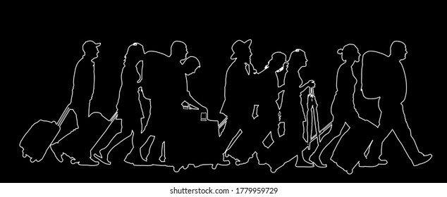 Passengers with luggage walking at airport vector line contour silhouette. Travelers with bags go home. Man and woman carry baggage. People crowd with cargo load after holiday
Refugees on border.