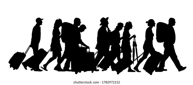 Passengers with luggage walking at airport vector silhouette. Travelers with bags go home. Man and woman carry baggage. People crowd with heavy cargo load waiting taxi after holiday
Refugees on border