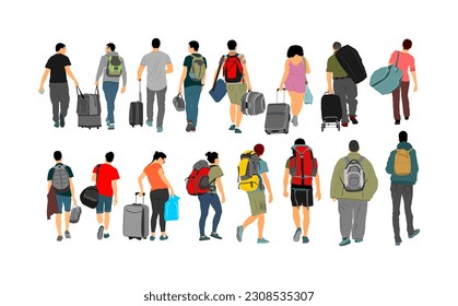 Passengers with luggage walking at airport vector illustration
Traveler with bags rolling suitcase. Man and woman carry baggage. Family people crowd cargo load waiting taxi to holiday.
Border refugees