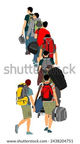 Passengers with luggage walking at airport vector illustration. Traveler with backpack bags. Man carry baggage. People crowd waiting in line with cargo load, taxi to holiday.
Border refugees hiking.
