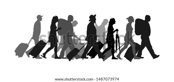 Passengers with luggage walking at airport vector\
silhouette. Travelers with bags go home. Man and woman carry\
baggage. People crowd with heavy cargo load waiting taxi after\
holiday\
Refugees on\
border