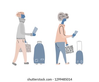 Passengers with luggage. Woman and man character in flat style. Hand drawn vector girl and boy in airport terminal with travel elements isolated on white background. Color illustration.  Flat design.