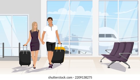 Pasajeros hombres y mujeres a su llegada, sala de salida con maletas. Feliz familia turística en el interior de la terminal del aeropuerto. Aeronaves, aviones en segundo plano. Es hora de viajar. Ilustración de vector plano