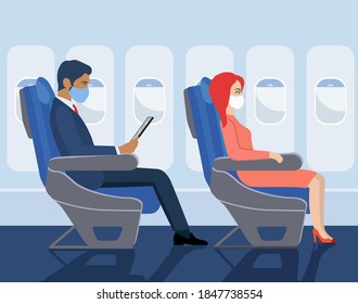 Passengers in masks  sit in the seats of the plane. Vector flat style illustration.