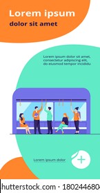 Passengers in metro wagon flat vector illustration. People travelling by underground. Man and woman sitting, standing, reading, talking during trip. Public transport and city's subway train concept