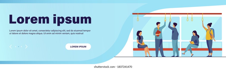 Passengers in metro wagon flat vector illustration. People travelling by underground. Man and woman sitting, standing, reading, talking during trip. Public transport and city's subway train concept