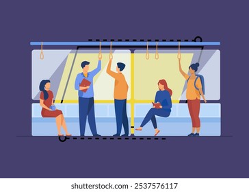 Passageiros em ilustração vetor plana de vagão de metrô. Pessoas viajando no subsolo. Homem e mulher sentados, em pé, lendo, conversando durante a viagem. Conceito de transporte público e metrô da cidade