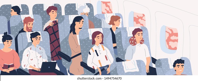 Passengers on airplane board flat vector illustration. Cartoon people traveling abroad by plane. Air public transport. Tourists going on vacation, business trip. Travelers relaxing in aircraft seats.