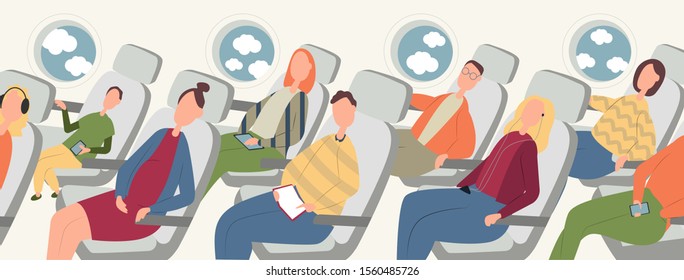 Passengers on airplane board flat vector illustration. Cartoon people traveling abroad by plane. Air public transport. Tourists going on vacation, business trip. Travelers relaxing in aircraft seats.