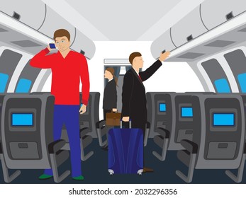 Passengers on the airplane. The interior of the aircraft cabin.