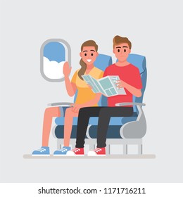 passengers on board of the aircraft, people traveling together.Vector illustration cartoon character.