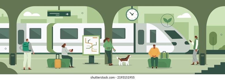 Pasajeros en la estación central de ferrocarril a la espera de la salida del tren regional o de la ciudad. Infraestructura urbana y concepto de transporte público. Ilustración vectorial.