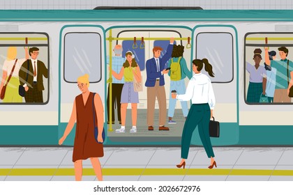 Passengers On Crowded Platform Boarding Metro Train. People Travel By Subway Train Vector Illustration. City Underground Public Transport. People Watching Mobile Phone While Commute By Subway