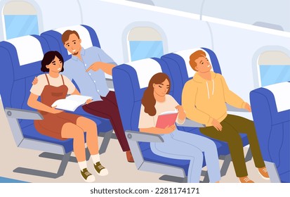 Passengers on plane board flat vector illustration. Cartoon people traveling abroad by airplane. Air public transport. Tourists going on vacation, business trip. Travelers relaxing in aircraft seats