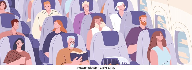 Passengers on plane. People sitting on airplane board, air flight concept. Aircraft travellers, women men sleeping, talking and reading kicky vector scene
