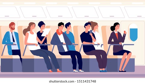 Passengers on plane. People traveling on airplane board. Airline transportation and tourism vector flat concept