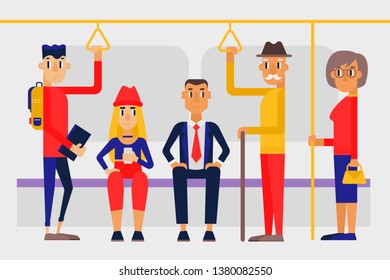 Passengers on the subway. People on public transport. Flat style vector illustration.