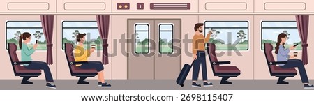 Passengers on a Train Journey. First class passenger. People sitting by window train. Train door. Tram transportation.