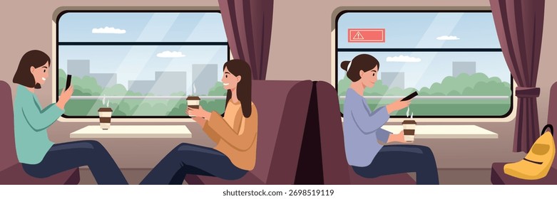 Pasajeros en un tren tomando fotos con teléfonos inteligentes y disfrutando del viaje. Tren de cercanías de la ciudad. Transporte público. 