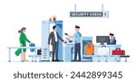Passengers Passes Security Check. Airport Security Guard on Metal Detector. Check Point Isolated on White. Officers Waiting for Passengers to Check Baggage. Cartoon Flat Vector Illustration