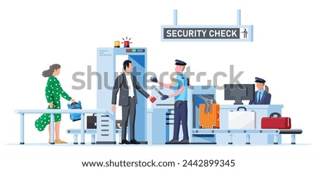 Passengers Passes Security Check. Airport Security Guard on Metal Detector. Check Point Isolated on White. Officers Waiting for Passengers to Check Baggage. Cartoon Flat Vector Illustration