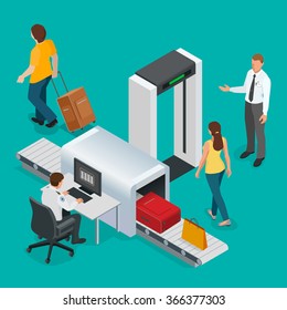 Passengers Passes X-ray Check At Airport. Airport Transport Security Scan Tape Portal. Officer Computer Monitoring Baggage. Flat 3d Vector Isometric Illustration