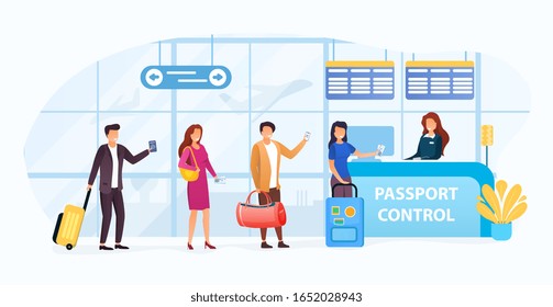 Passengers passing through passport control at an airport prior to departure standing in a queue with their luggage, vector illustration