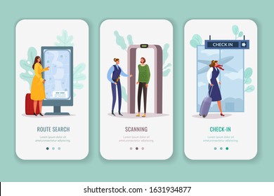 Passengers people banners. . Scanning, search, airport, check-in, metal detector.  Women with Luggage waiting for transport. Vertical vector illustrations