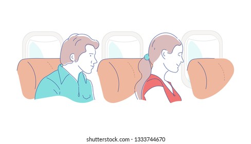 Passengers of the plane. Girl and guy looking out the window. Journey. Trip. Business class. Economy class cabins.  Hand drawn style vector doodle design illustrations.