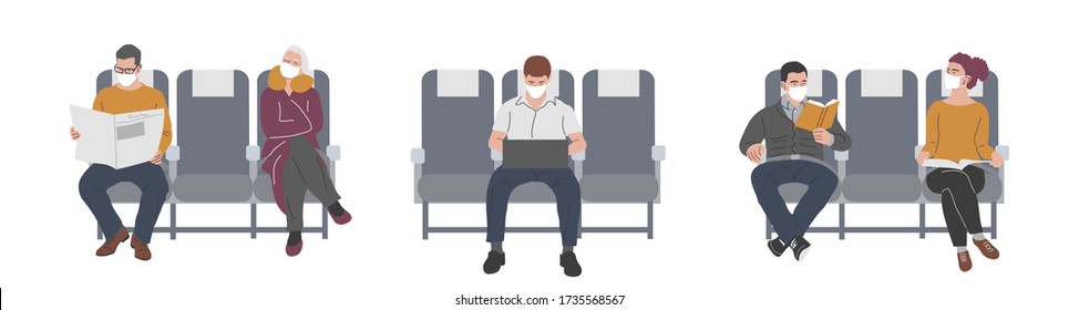 Passengers of the plane in masks. Social distancing in the cabin for prevention of coronavirus, covid-19. Flights during the quarantine. Vector flat illustration.