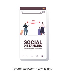 passengers in protective masks keeping distance to prevent coronavirus social distancing concept smartphone screen full length copy space vector illustration