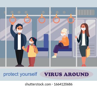 Passengers in a public metro train wearing virus protective masks. Virus concept. Public health solution. Vector flat style illustration.