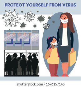 Pasajeros en un tren público del metro llevando máscaras protectoras contra el virus. Mujer y chica. Concepto de virus. Multitud. Solución de salud pública. Ilustración de estilo plano vectorial.