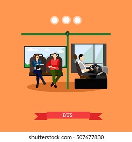 Passengers in public transport concept vector banner. People in bus. Transport interior.