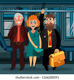Passengers in public transport are preparing to stop. In the salon there are two elderly men and a woman. Vector illustration