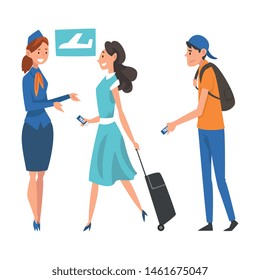 Passengers in Queue Waiting Check at Airport, Airline Representative Checking Ticket Documents Vector Illustration