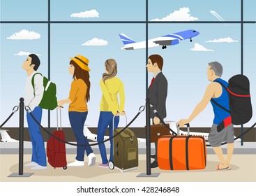 Passengers in queue waiting check-in counters at airport