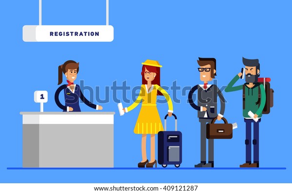 Passengers in queue waiting check-in counters at airport near reception ...