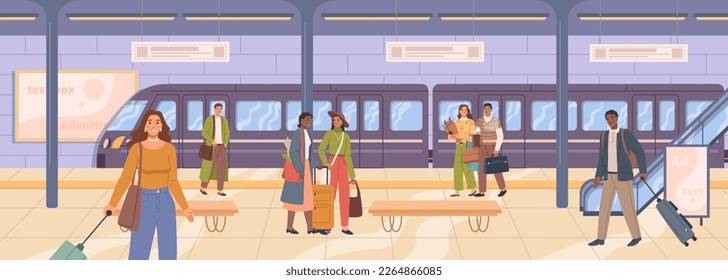 Passengers in railway station or metro subway. People with baggage waiting for train to arrive. Traveling and commuting. Flat cartoon, vector illustration