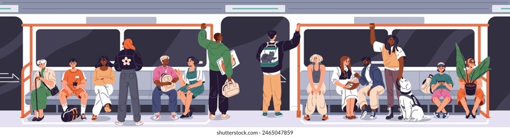 Passengers ride on underground public transport. People stand and hold with handrail, sit on seats inside subway train. Commuters reading, talk, transit pets in city metro. Flat vector illustration