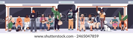Passengers ride on underground public transport. People stand and hold with handrail, sit on seats inside subway train. Commuters reading, talk, transit pets in city metro. Flat vector illustration