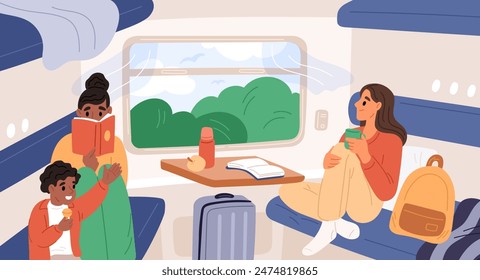 Passengers ride in train carriage. People travel by intercity transport. Girl drinking tea and looks out window. Women sitting at seats. Railway transportation. Garish