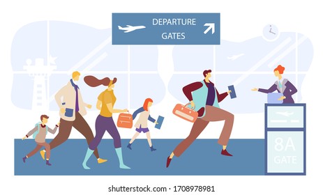 Passengers running to flight boarding gate, people in airport terminal, vector illustration. Family travelers hurry to board airplane, man and woman late for departure. Route change schedule delay