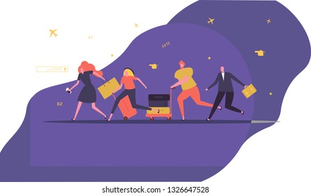 Passengers rush to flight. People run at airport with luggage. Flat editable vector illustration, clip art