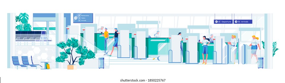 Passengers Screening at Entrance to Airport Equipment and Security Department Employees at Work. Travelers Security Assurance and Monitoring in Civil Aviation. Flat Cartoon Vector Illustration.